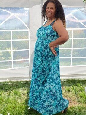 Lane Bryant Teal & Navy Pleated Floral Maxi Dress with Belt